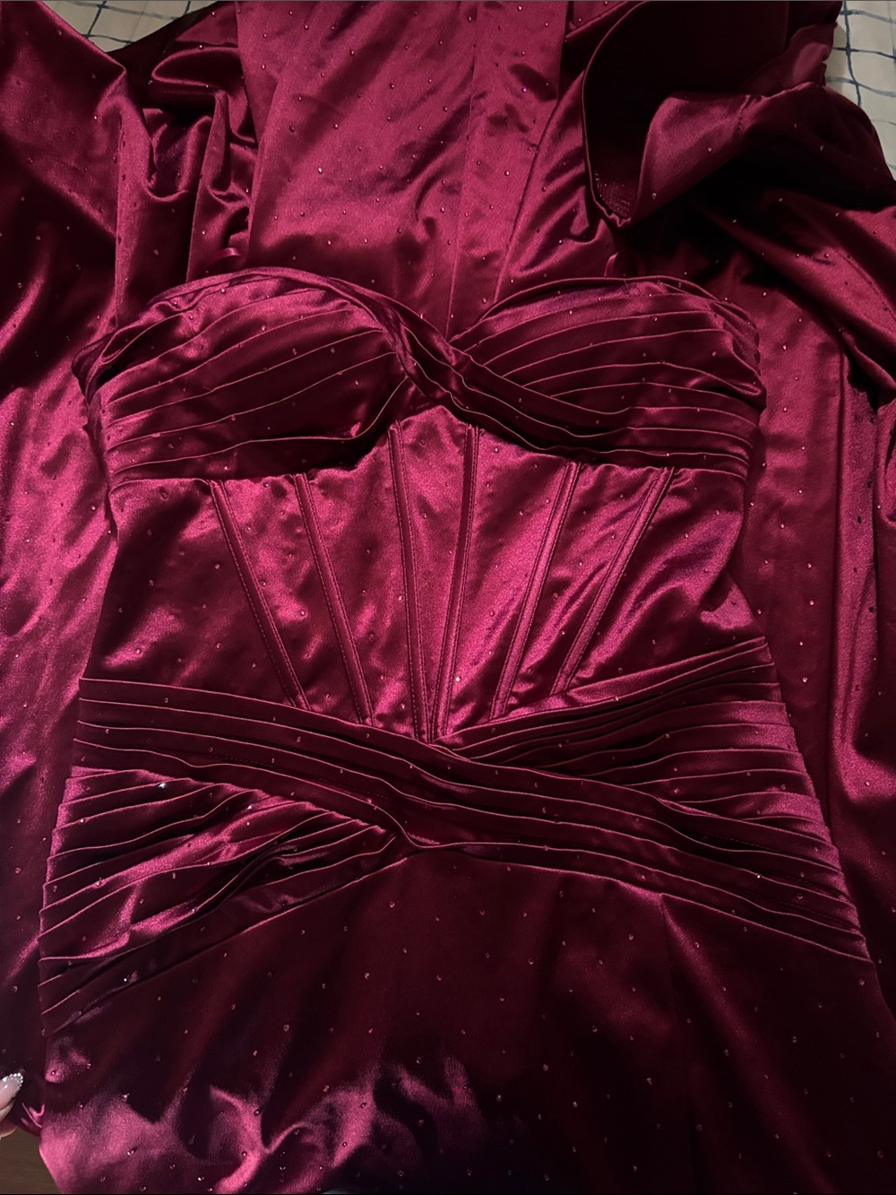 Burgundy Satin Strapless Evening Gown